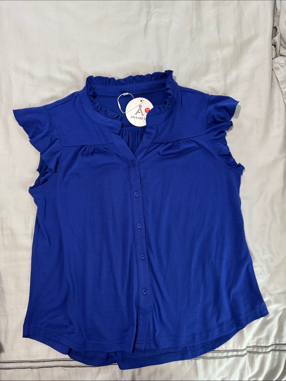 Anrabess Royal Blue Ruffle Cap-Sleeve Button Front Blouse